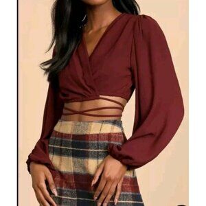 Lulus Burgundy Chiffon Long Puff Sleeve Crop Top Sz S Fairygoth Whimsygoth